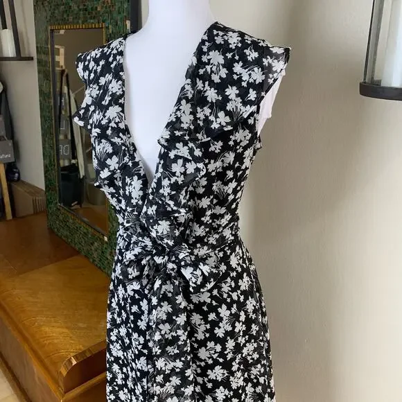 Vintage Size 12 Women's Floral Print Ruffle Dress Black White Tie Waist - Picture 4 of 16